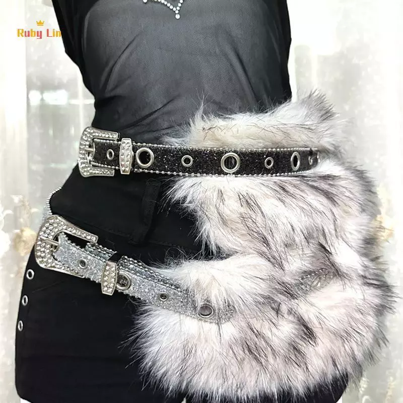 Ruby Lin Vintage Faux Fur PU หนัง Rhinestone เข็มขัด Y2K Furry Fur Gothic Punk เซ็กซี่เข็มขัด Night Club เอวกางเกงยีนส์กางเกงตกแต่ง Nice