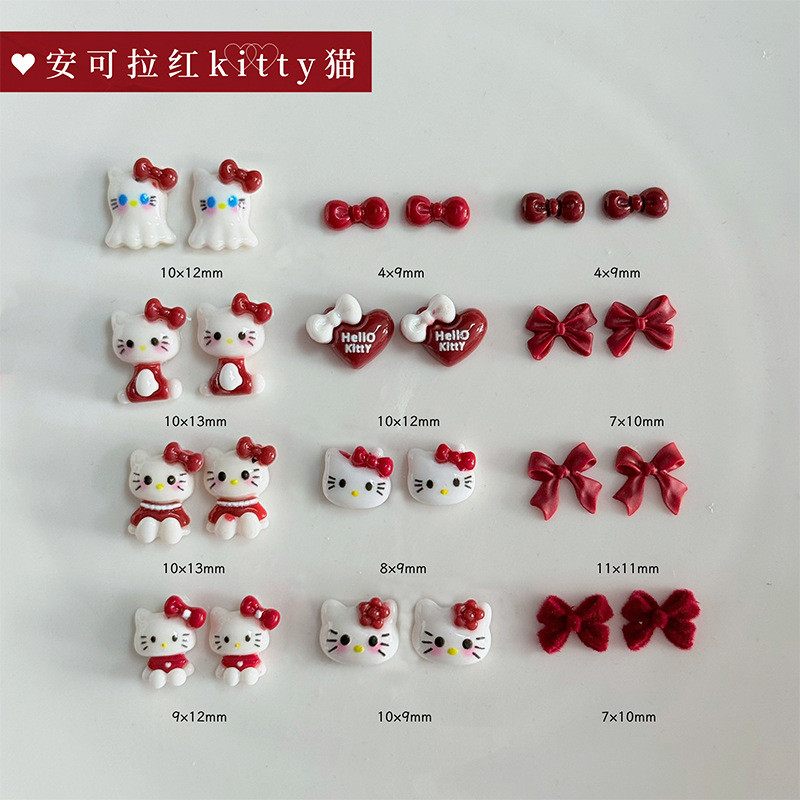 10ชิ้นปีใหม่คิตตี้ เอ็นคอร์ สีแดงอุปกรณ์แต่งเล็บ ผู้มีอิทธิพล ร้อนขายสามมิติแมวไวน์แดงโบว์เครื่องประดับขนาดเล็ก