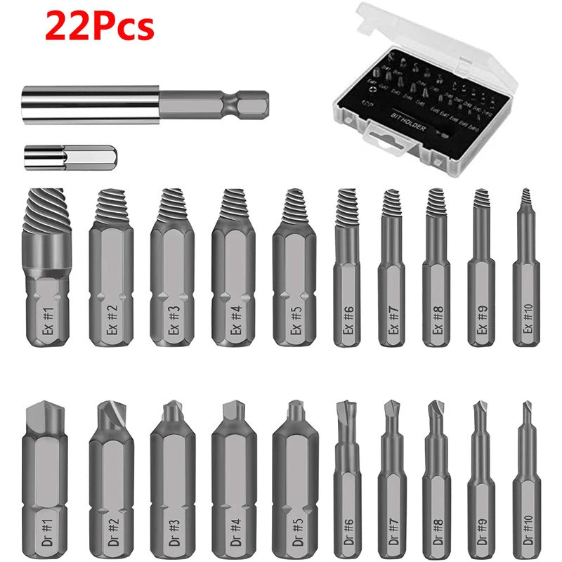 22Pcs Damaged Screw Extractor Drill Bit Set Stripped Screw Extractor Broken Bolt Extractor All-Purpo