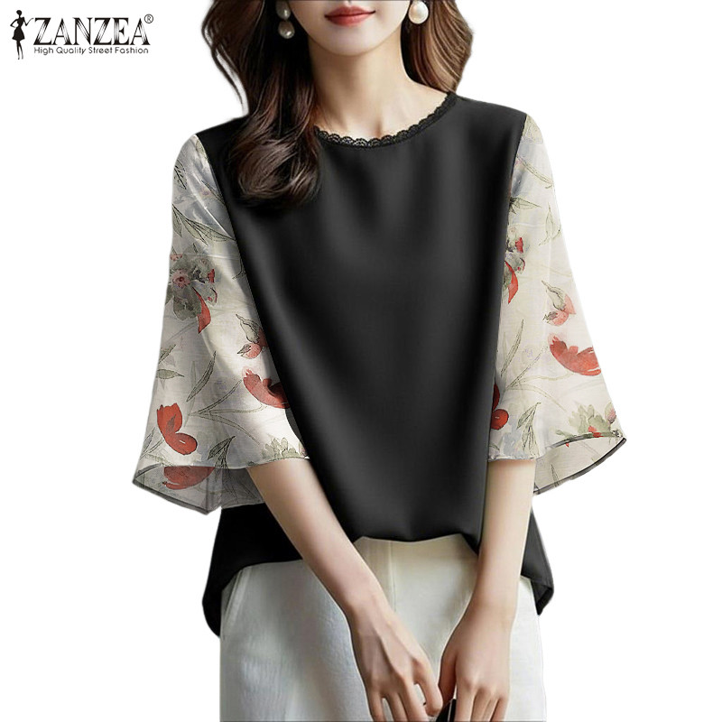ZANZEA เสื้อคล้องไหล่นุ่มนวลสำหรับผู้หญิง แขนบาน 3/4 พิมพ์ลายดอกไม้ และการตัดเย็บสไตล์เกาหลี