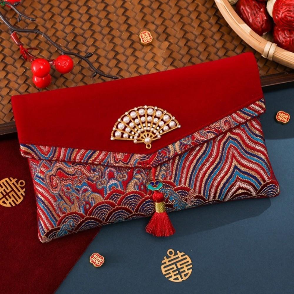 NEEDWAY Brocade Red Envelop, Blessing Words เย็บปักถักร้อย Fu ตัวอักษร Hongbao, ความจุขนาดใหญ่ปุ่มพู่ Lucky งานแต่งงานกระเป๋าสีแดงเทศกาลฤดูใบไม้ผลิ