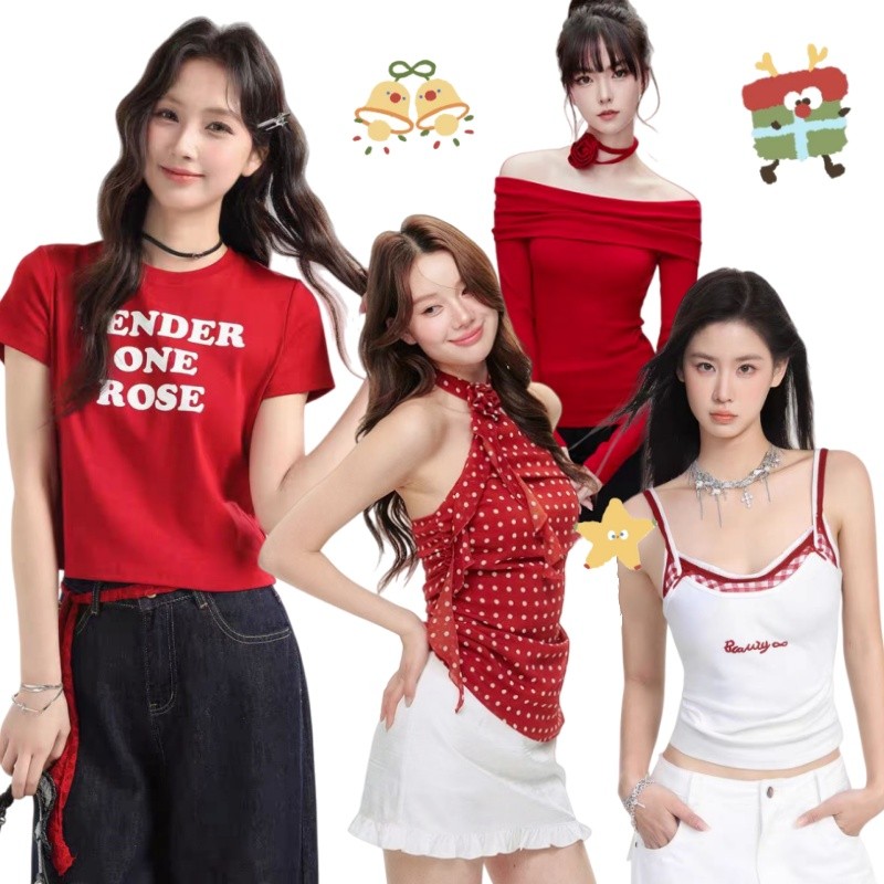 Jennie พร้อมส่ง เสื้อยืดสีแดงแขนยาวปาดไหล่ ทรงรัดเอวลอยๆ เหมาะสำหรับวันปีใหม่และวันคริสต์มาสค่ะ