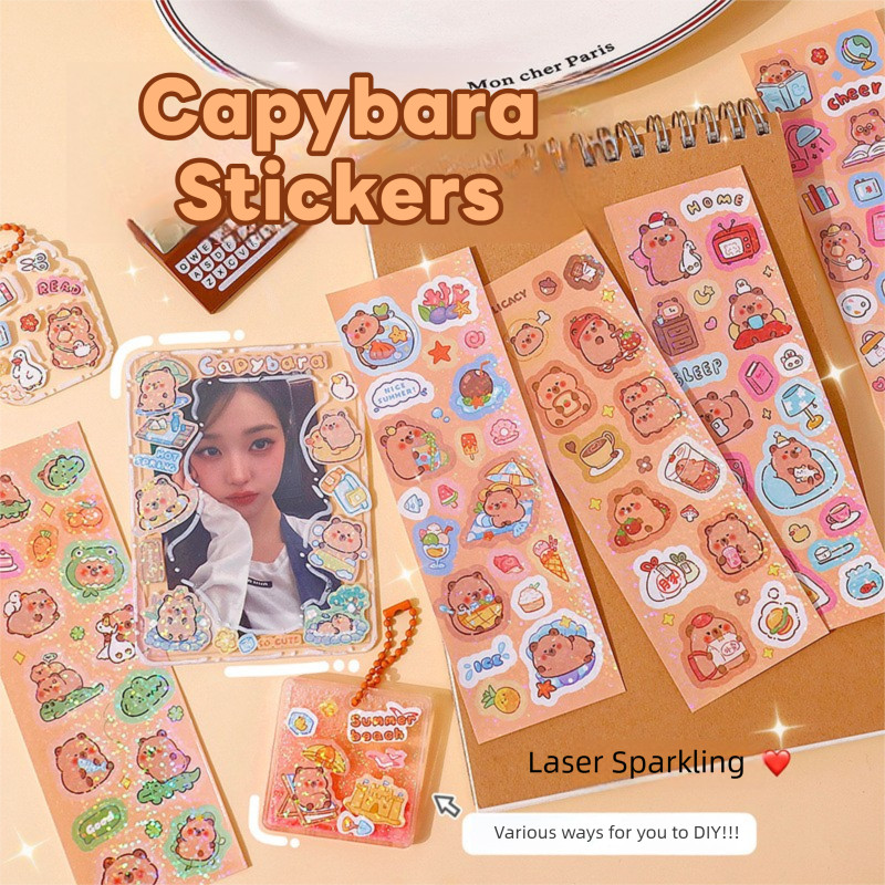 Capybara Holographic Stickers – Cute Cartoon Expression DIY Journal Scrapbook Sticker Pack (10 ชิ้น)