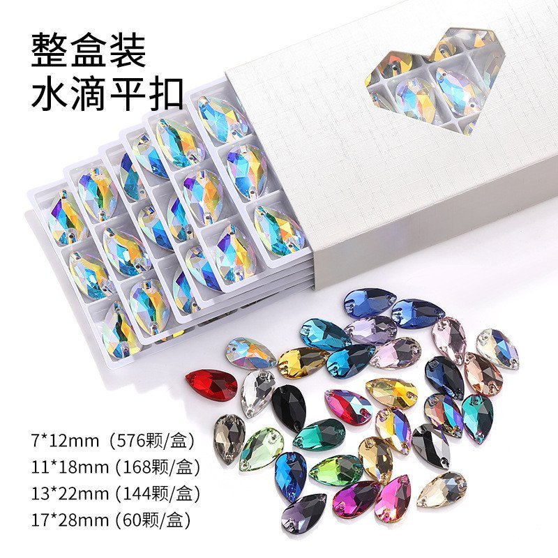 Water Drop Hand-Sewn เพชรคริสตัลที่มีสีสันด้านล่างแบน Double-Hole ชุดแต่งงาน diy ปุ่มแบนชุด Chamfere