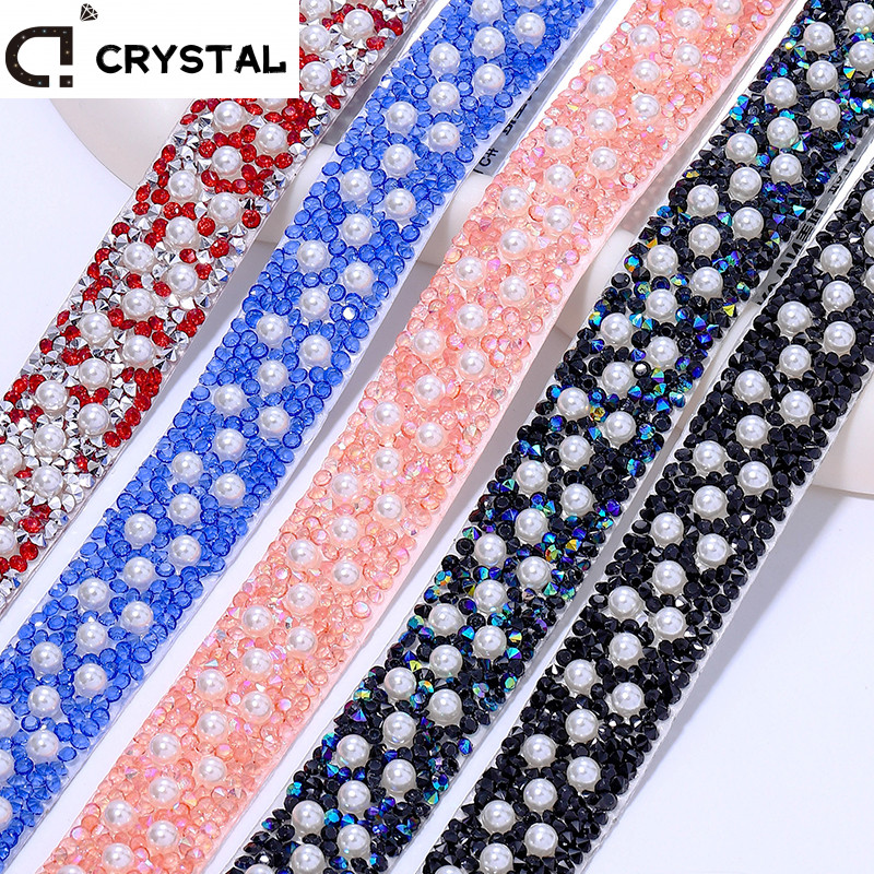 1Yard Self Adhesive Motif Rhinestone & Pearl Chain Jelly AB คริสตัล Rhinestone ริบบิ้นสําหรับ DIY รองเท้า, กระเป๋า, ชุดตกแต่ง