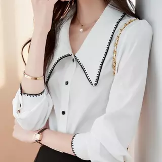 Red Berryเสื้อชีฟองแขนยาวคอปกปีเตอร์แพนรุ่นใหม่ปี 2025 สำหรับผู้หญิง ดีไซน์หรูหราและทันสมัย 99311