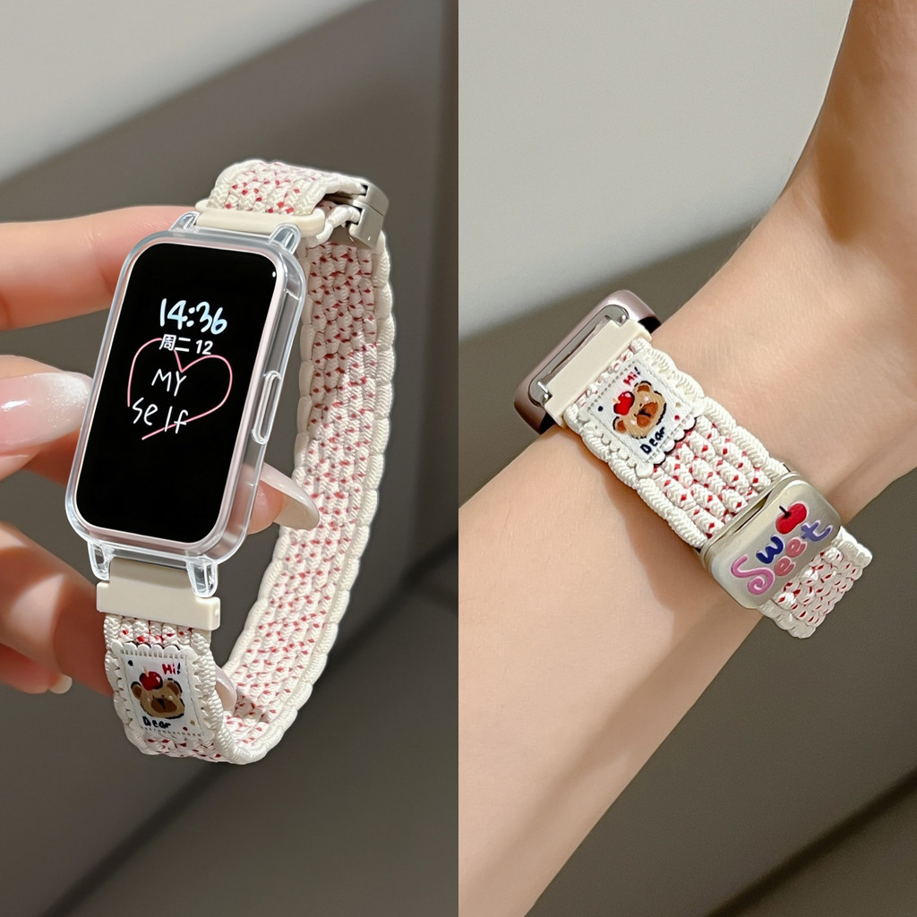 สายรัดข้อมือไนลอนถักแม่เหล็กรูปหมีน่ารัก สำหรับ Xiaomi Smart Band 9 8 Active Belt สายรัดข้อมือสมาร์ทวอทช์ อุปกรณ์เสริมสำหรับ Redmi Band 3 Band 2