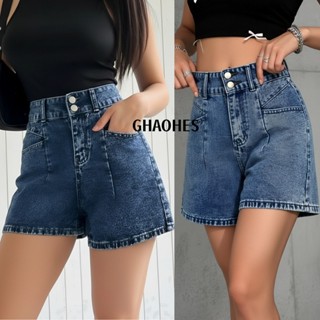 GHAOHES กางเกงยีนส์ขาสั้นเอวสูง 2 สี สีเข้มและสีอ่อน แบบทรง …