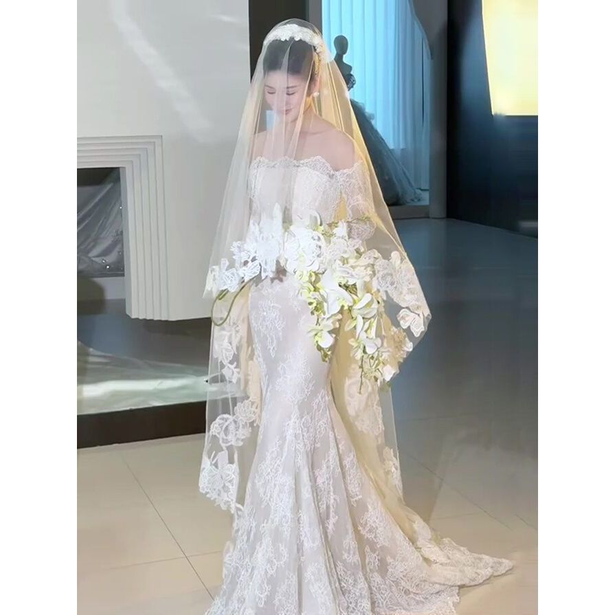 ลูกไม้ฝรั่งเศสผ้าคลุมหน้าเจ้าสาว Master ชุดแต่งงานอุตสาหกรรมหนัก High-End Sense Photo Studio Props R