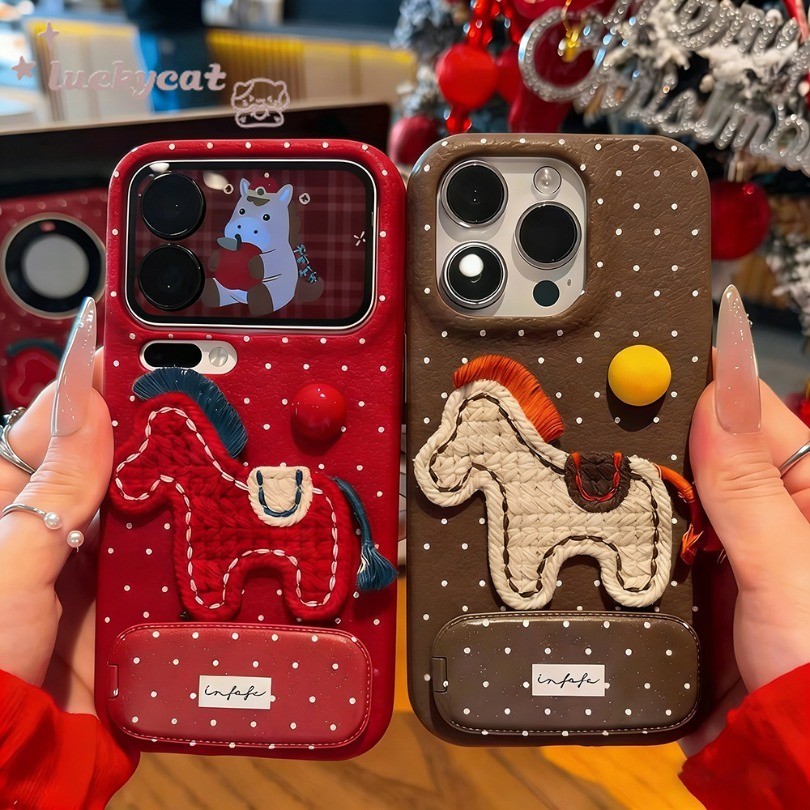 3D DIY สีสันรอบปักม้าเคสโทรศัพท์ + กระจกสําหรับ iPhone 17 16 15 14 13 12 11 Pro Max X Xr Xs Max 7 8 Plus SE2020