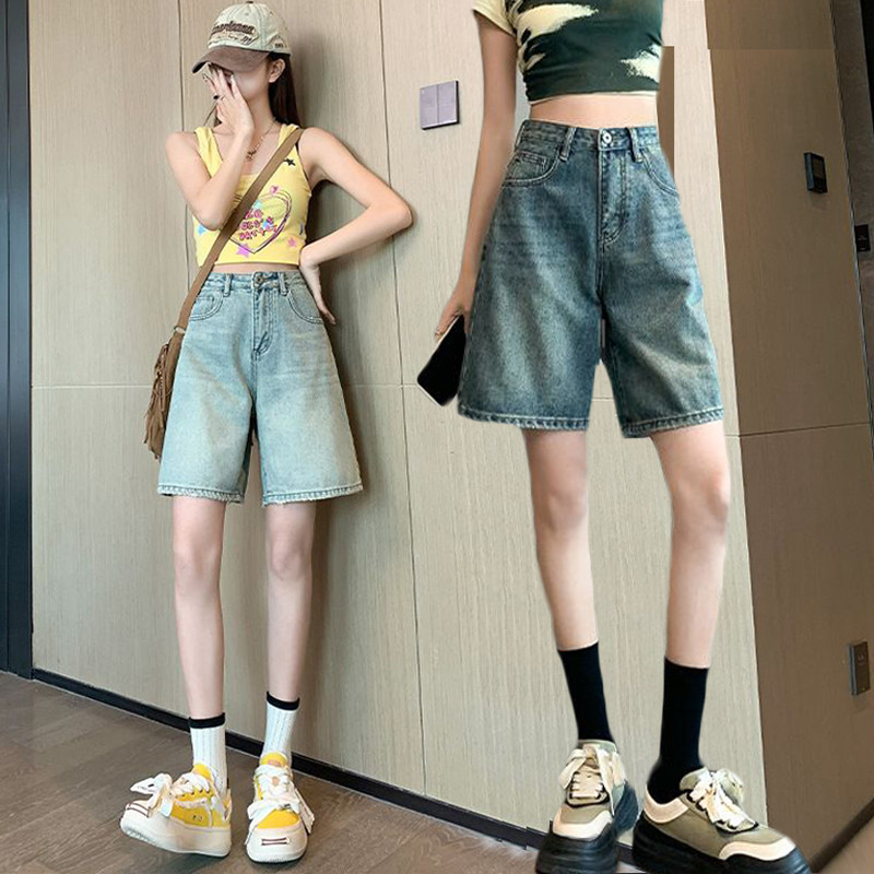 Bived S-7XL ของผู้หญิง ยีนส์ กางเกงขาสั้น เอวสูง ตรง กางเกงขาสั้นทรงหลวม