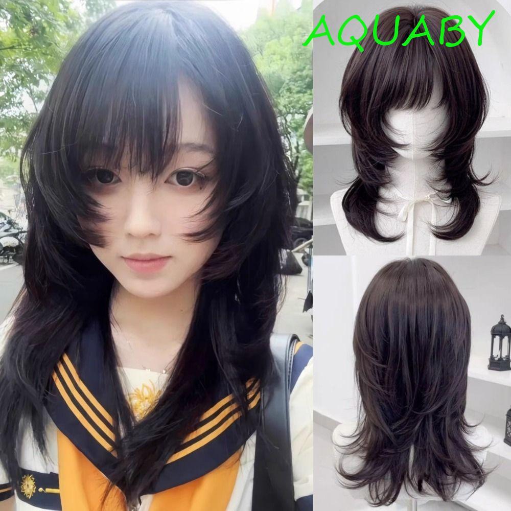 AQUABY แมงกะพรุนวิกผม Bangs, สังเคราะห์สีน้ําตาลสีดําขนาดกลางตรง Layered วิกผม, น่ารัก Mullet ตัดผม 