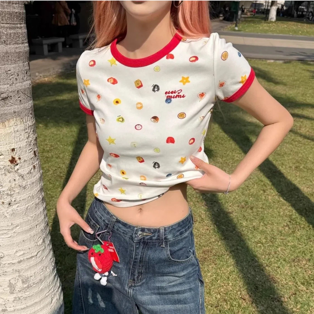 เสื้อยืดแขนสั้นพิมพ์ลายการ์ตูน American Retro Dopamine สําหรับผู้หญิง