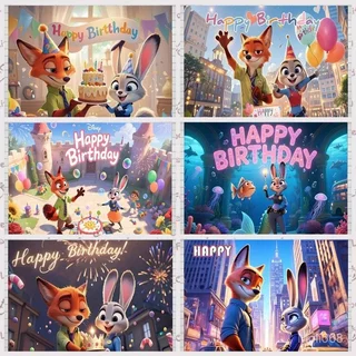 ฉากหลังผ้าสำหรับงานปาร์ตี้วันเกิดเด็กธีม Zootopia ตัวละคร Judy และ Nick ของขวัญธีมงานปาร์ตี้ ฉากหลังปรับแต่งได้