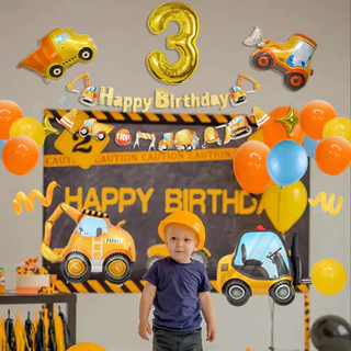 GeeParty ชุดลูกโป่งฟอยล์ตัวการ์ตูน รถขุด รถดันดิน 29 ชิ้น พร้อมแสตนด์ลูกโป่งสีเหลืองและส้ม สำหรับตกแต่งงานเลี้ยงวันเกิดธ