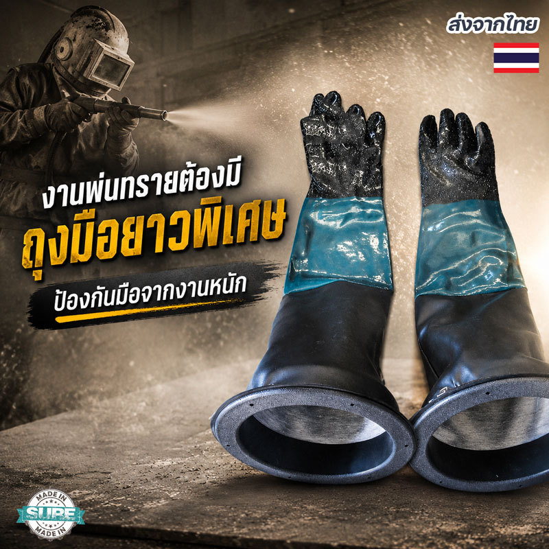 ถุงมือป้องกันงานพ่นทราย ทนสารเคมี กันแรงกระแทก ถุงมือยาวพิเศษ เหมาะสำหรับงานช่างและโรงงานอุตสาหกรรม