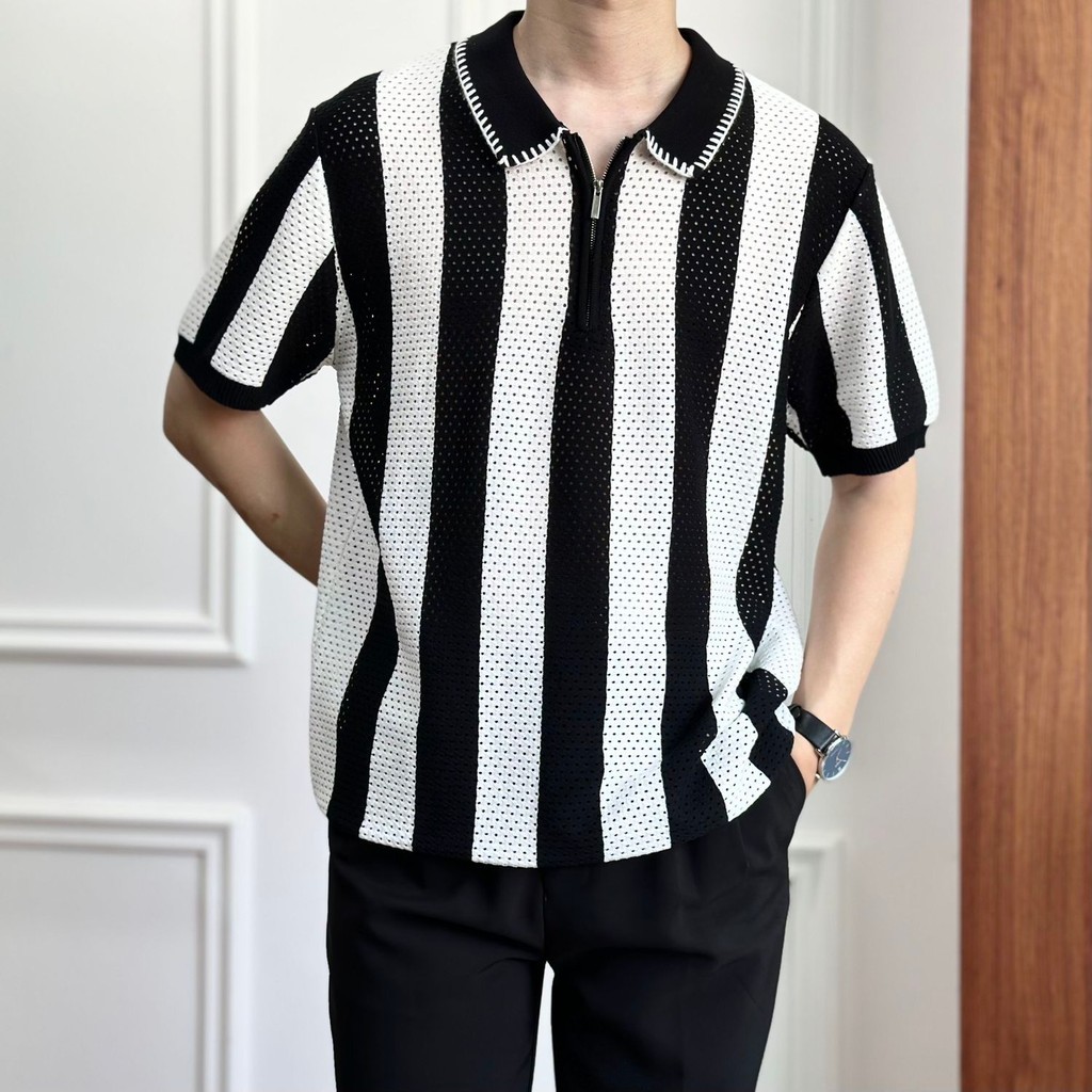 เสื้อโปโลแขนสั้นผู้ชาย Polo shirt for men มีซิป ลายทาง ระบายอากาศ สไตล์แฟชั่น ใส่สบาย