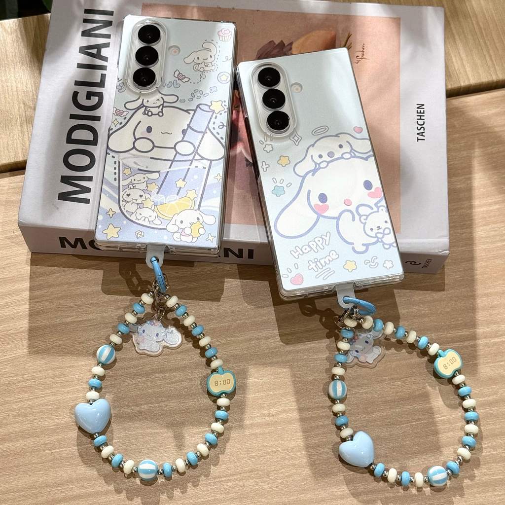 การ์ตูน น่ารัก สุนัขหูใหญ่ ที่ยึดแม่เหล็ก เชือกมือ เคส Samsung Galaxy Z Fold 8 Ultra 7 6 5 4 3 Case Magnetic การชาร์จแบบไร้สาย โปร่งใส PC พลิกปก เคส
