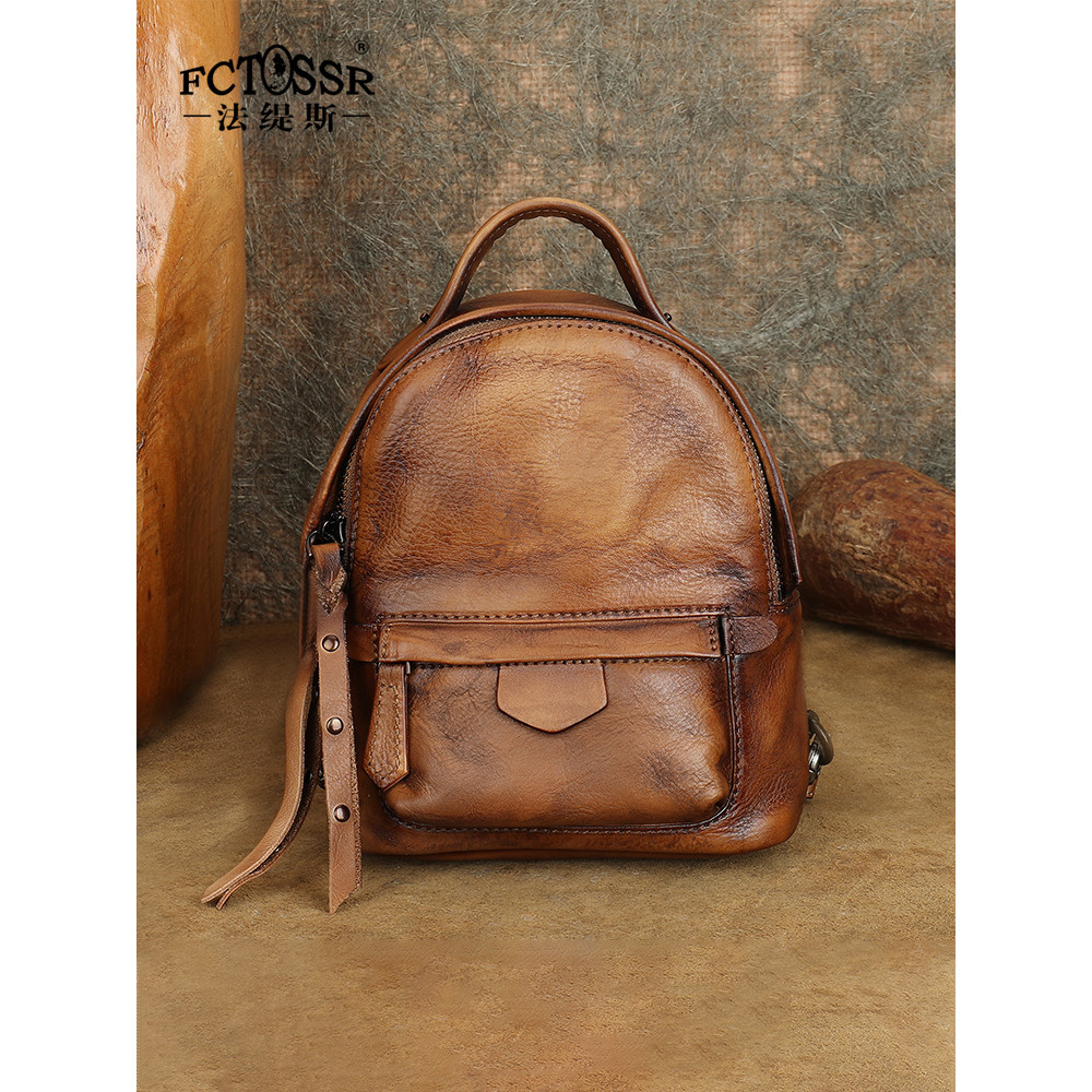 Fatis Retro Leather Casual Backpack Ladies Large-ความจุ High-End Niche First Layer Cowhide Backpack 