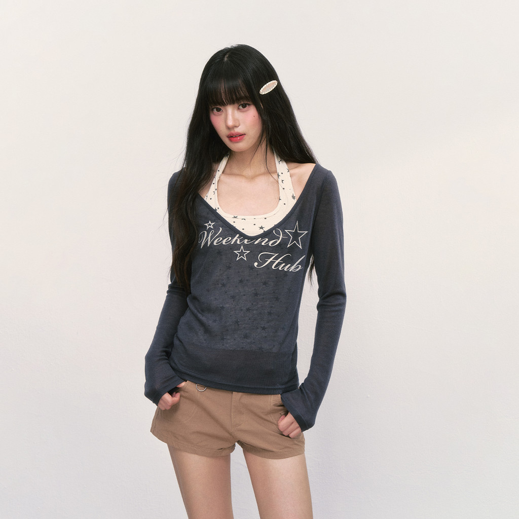 weekendhub ชุดเซ็ต 2 ชิ้น เสื้อคลุมแขนยาวโปร่งแสง+สายเดี่ยวคอแขวน กันแดด ลายดาว สไตล์เกาหลี ฤดูร้อน