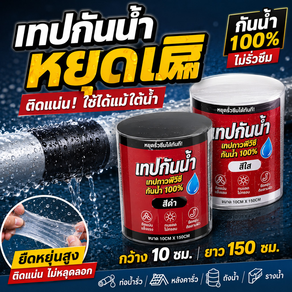 เทปกันรั่วกันน้ำ100% เทปPVCซ่อมท่อรั่ว ติดใต้น้ำได้ กาวเหนียวพิเศษ ทนแดดทนฝน 10x150ซม. สีดำ/สีใส ใช้งานง่าย COD