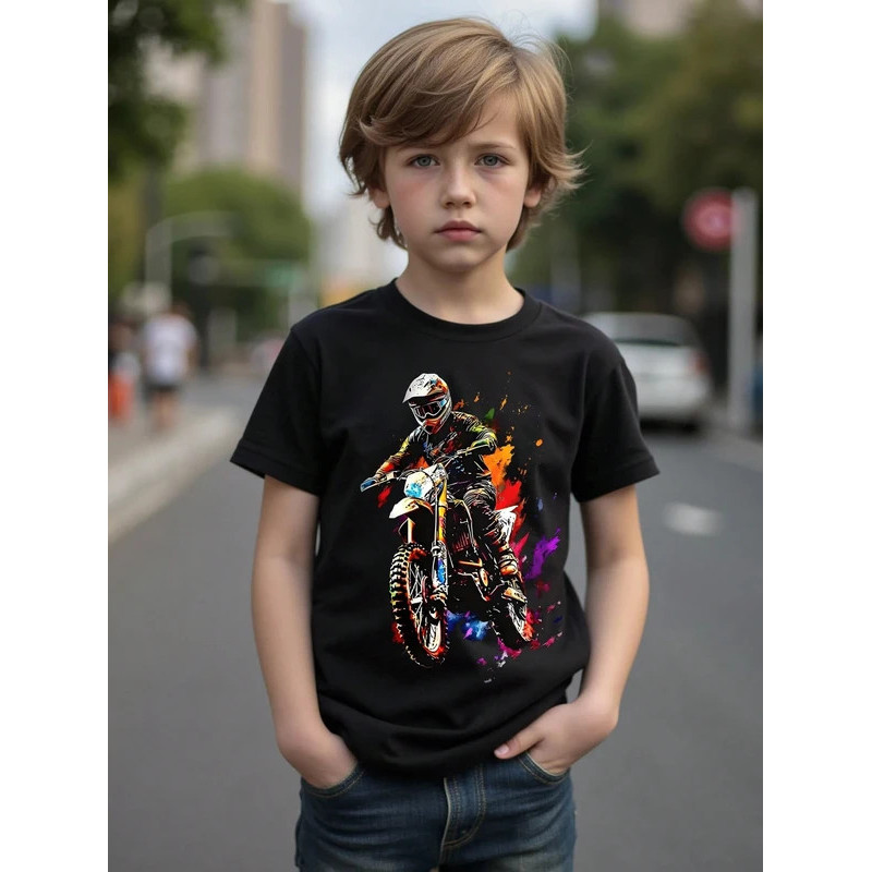 2026Cool รถจักรยานยนต์กราฟิกพิมพ์เด็กเสื้อยืดเด็ก Tee เสื้อรอบคอท่องชายหาดเด็กผู้หญิง Tshirt ฤดูร้อน