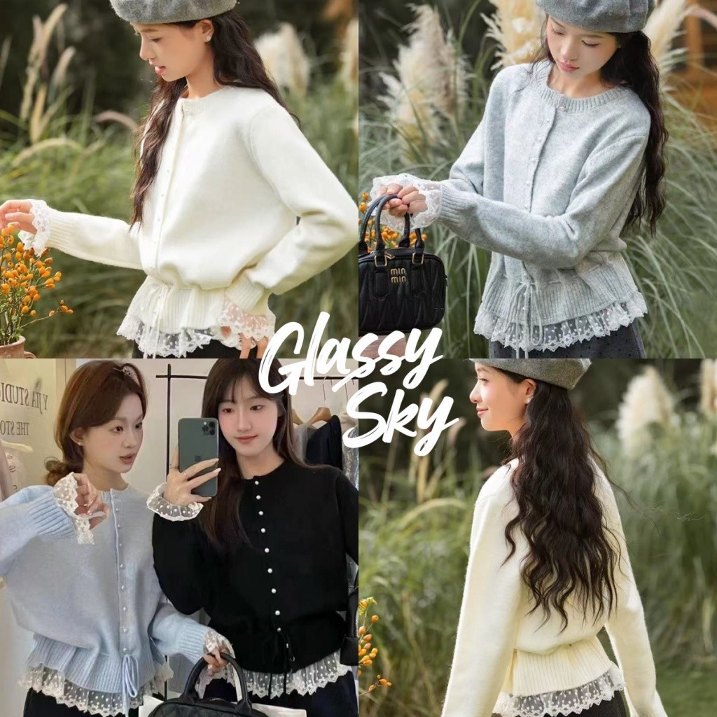 Glassy Sky พร้อมส่ง😜เสื้อแขนยาวไหมพรม คอกลม เกาหลีสไตล์ ดีเทลแต่งปลายลูกไม้ สีน่ารัก สไตล์เกาหลี ใส่สบาย ผ้าถัก(V138)