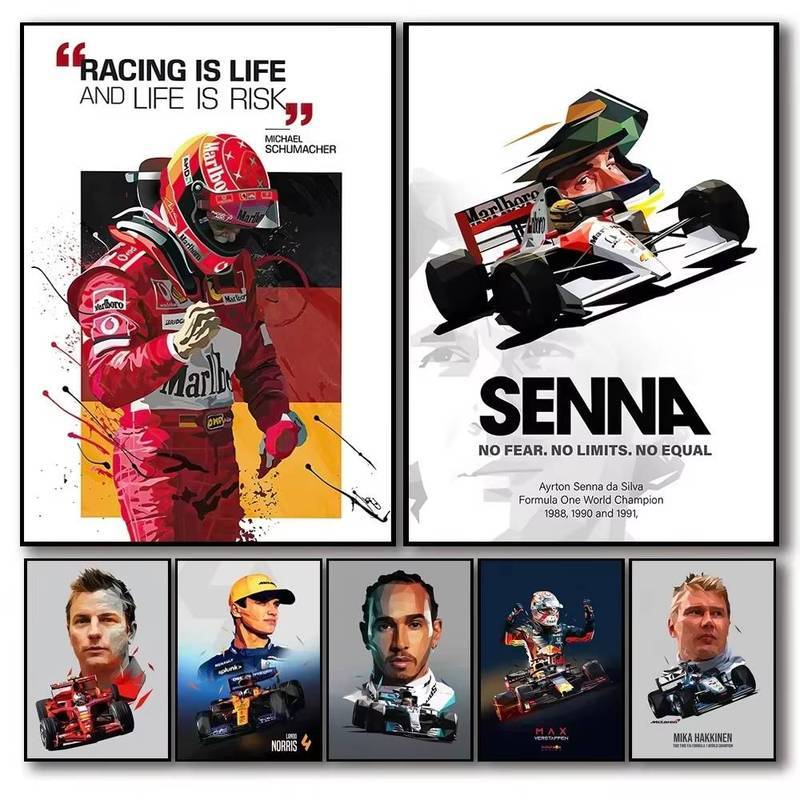 F1 World Champion Racer Ayrton Senna Graffiti Racing สูตร 1 โปสเตอร์ภาพวาดตกแต่งผ้าใบ Wall Art ภาพตกแต่งบ้าน