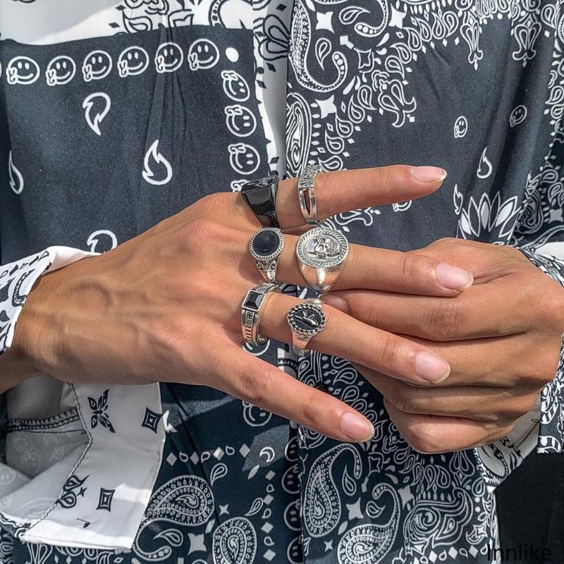 INN 6 ชิ้น Punk Silver Gold สีแหวนสําหรับชาย Hip Hop Vintage Geometric ชุด