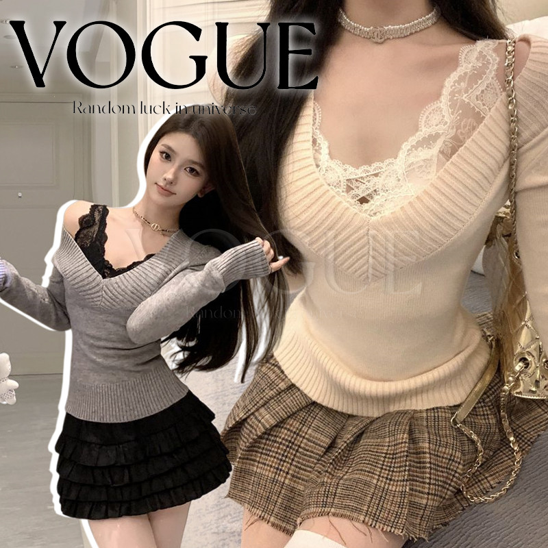 Vogue🌟พร้อมส่ง🌟 เสื้อแขนยาว คอวี ผ้านุ่มนิ่ม แขนยาวกันหนาวสีพื้น (8K161)