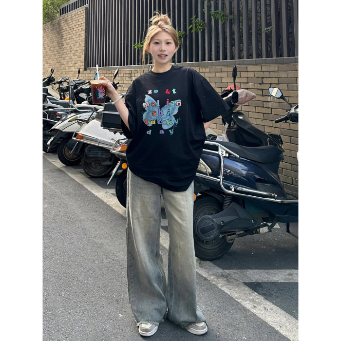 53543ปลาค็อด [/แนะนํา] หนัก 230ก เส้นด้ายคู่ผ้าฝ้ายแท้หวีแน่นผีเสื้อพิมพ์ตัวอักษรเสื้อยืดแขนสั้น 202