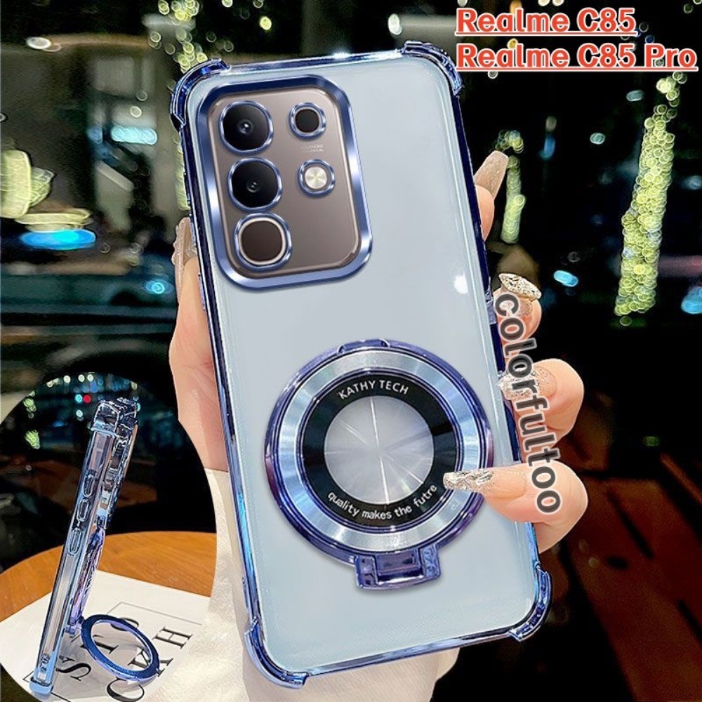 Deluxe สี่มุมถุงลมนิรภัย Clear TPU สําหรับ Realme C85 Pro C 85 C85Pro RealmeC85 4G 5G Soft Jelly เคสกันกระแทกพร้อมขาตั้งแม่เหล็กผู้ถือหนากันชนป้องกันปกหลัง
