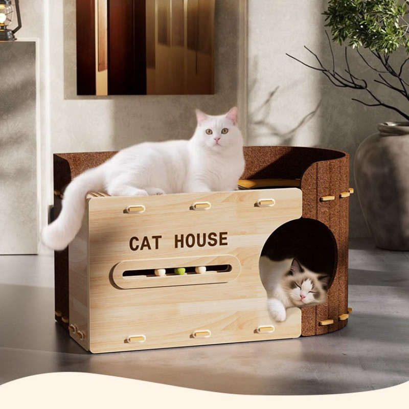 อุโมงค์แมว บ้านแมว คอนโดแมว ความชื้นหลักฐาน ทนต่อการขีดข่วน เสื่อปอกระเจา ไม้กระดาน + รู้สึก - รูปที่ 7