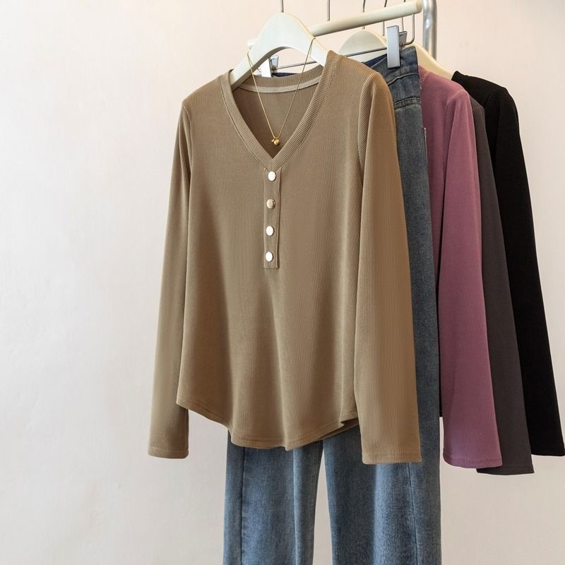 150 กก.พลัสขนาดผู้หญิงเสื้อผ้าไขมัน mmV คอแขนยาวเสื้อยืดผู้หญิงฤดูใบไม้ร่วงฤดูหนาว Slimmer ดูด้านบน 