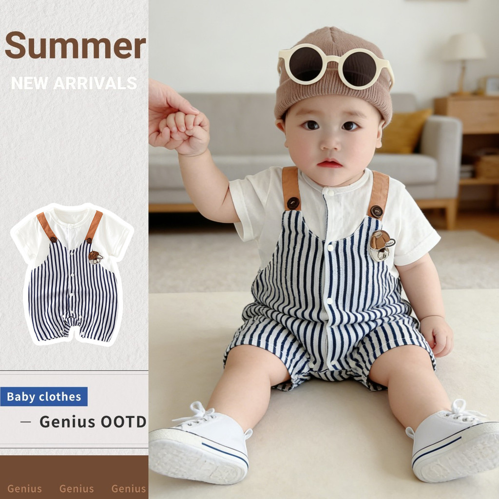 ใหม่ ชุดบอดี้สูท แขนสั้น ผ้าฝ้ายแท้ ลายทางแนวตั้ง ลายการ์ตูนหมี สไตล์เกาหลี แฟชั่นฤดูร้อน สําหรับเด็กทารกผู้ชาย และเด็กผู้หญิง อายุ 0-24 เดือน