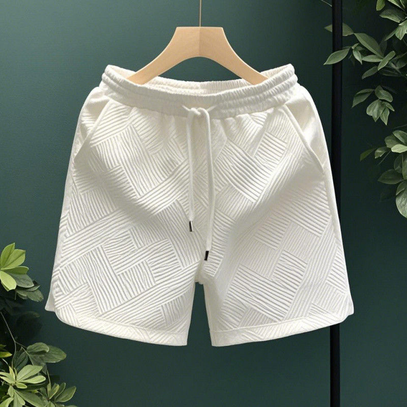 กางเกงขาสั้นผู้ชาย สไตล์เกาหลีเรียบหรู ทำจากเนื้อผ้า 3D Diamond Twill สีขาวและดำ