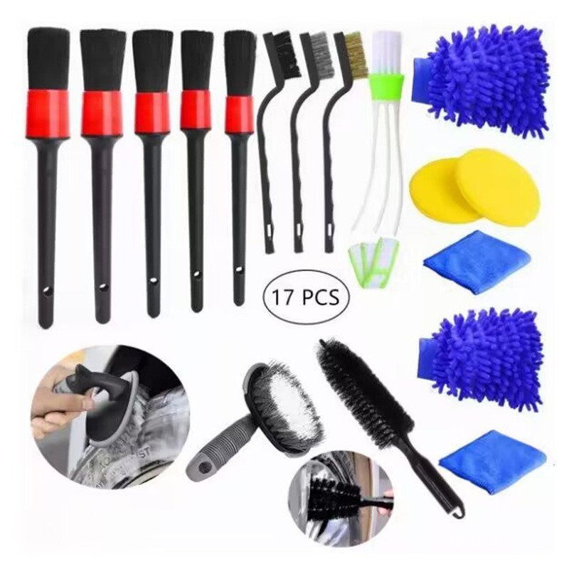 รายละเอียดแปรงล้อรถรถชุดทําความสะอาดภายในแปรงทําความสะอาดเครื่องมืออะไหล่รถยนต์ชุดแปรงความงาม17รถ 0U