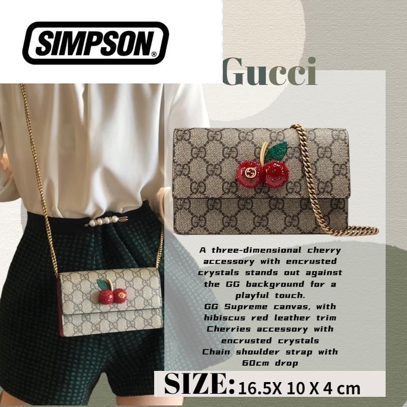 GUCCI GG Supreme Canvas Cherry Mini Bag/กระเป๋าสะพายข้างผู้หญิง/กระเป๋าสะพายโซ่/Cherry Wallet