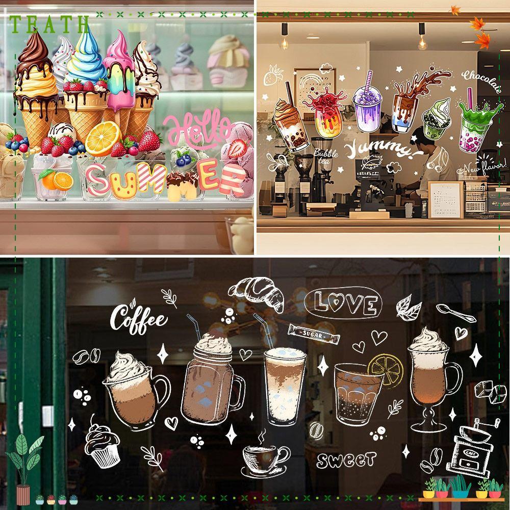 ร้านTeathสติ๊กเกอร์หน้าต่าง,ถ้วยชานม สติกเกอร์หน้าต่างแบบคงที่หลากสี, ขนมปังคุณภาพสูงการ์ตูนไอศกรีมสติ๊กเกอร์ติดประตูกระจกร้านนมชาร้านขนม