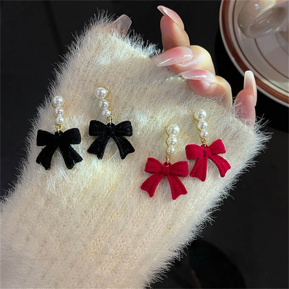 สีแดงสีดํา หูกระต่าย ต่างหูสําหรับผู้หญิงสาวจําลองมุกผ้าโบว์ผูกต่างหูเครื่องประดับหูอุปกรณ์เสริมของขวัญที่สวยงาม