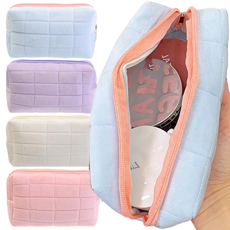 Sweet Macaron Color Soft Plush Makeup Bag - กระเป๋าซิปความจุขนาดใหญ่สําหรับแปรงแต่งหน้าและสกินแคร์