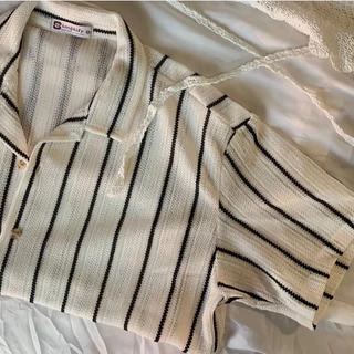 Knit Shirts • เสื้อถักแขนสั้นลายทางเล็กแอปริคอท M-3XL + ไซส์ใหญ่ หน้าผ้า56"/62"