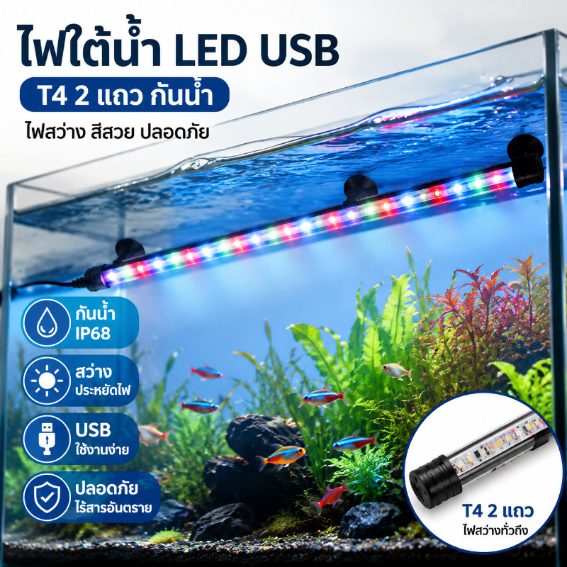 COD ไฟส่องใต้น้ำตู้ปลา ไฟส่องสว่าง ไฟกันน้ำ USB แรงดันต่ำ ไฟเพิ่มสีตู้ปลาแบบสองแถว 110-240v