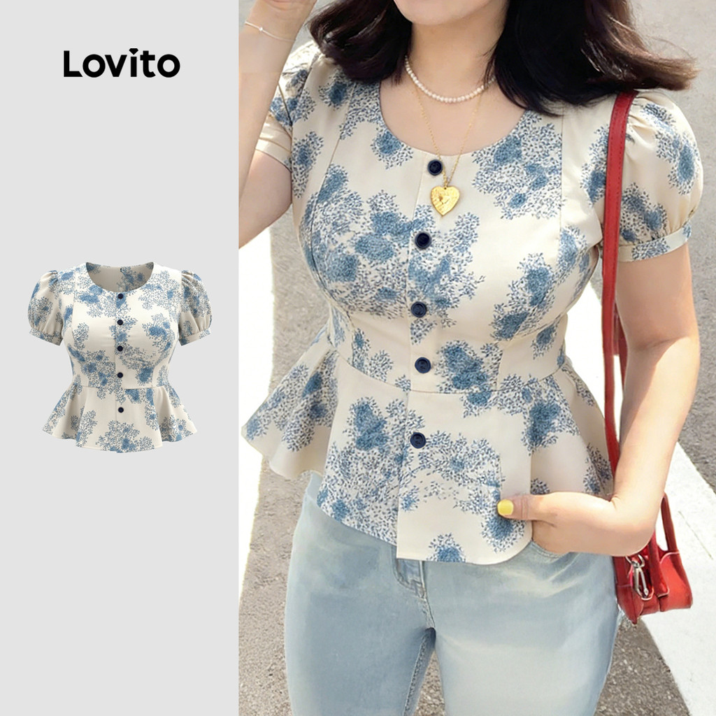 Lovito เสื้อเบลาส์โบโฮ กระดุม ชายระบาย ไลน์โครงสร้าง สําหรับผู้หญิง LK4AD057