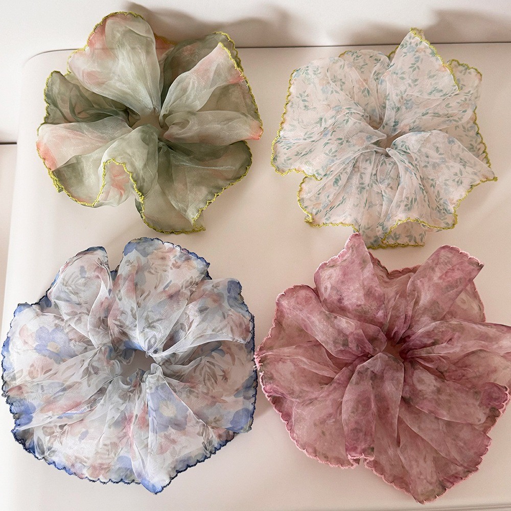 Mouga/French Gentle Pink Smudging Gauze Scrunchy Hair Tie Ball เชือกผมผมหางม้าต่ําเชือกผมยางรัด