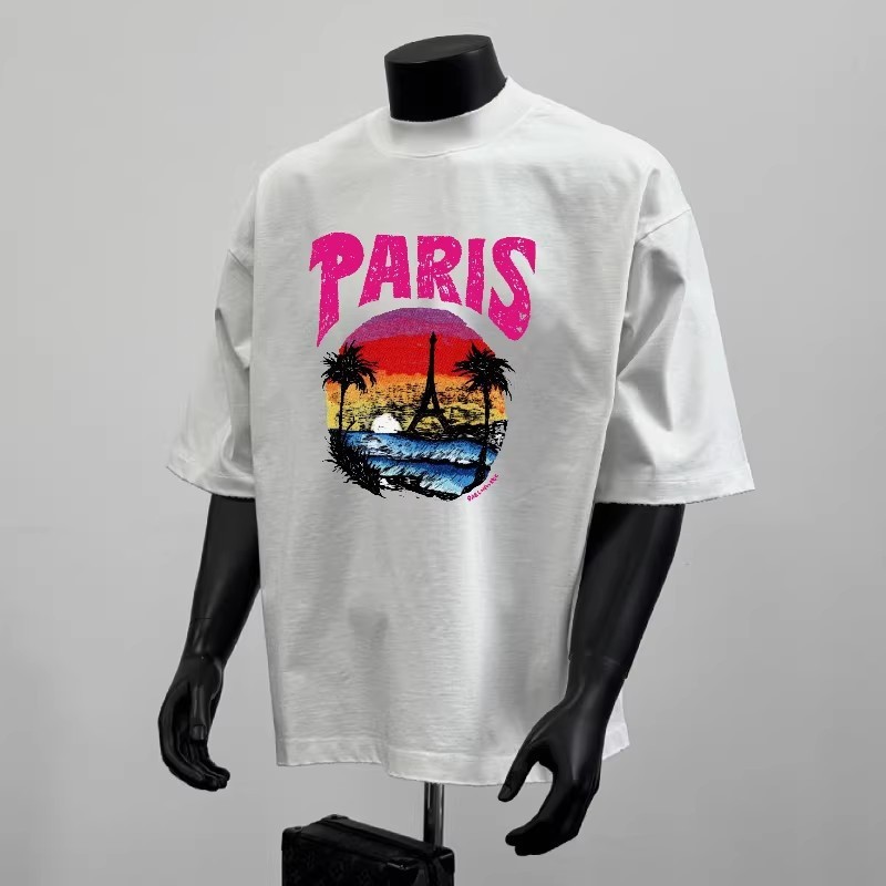 2026B Home Paris รุ่นสูง 25SS สไตล์ใหม่ Sunset Coconut Iron Tower พิมพ์เสื้อยืดแขนสั้นผู้ชายผู้หญิงส