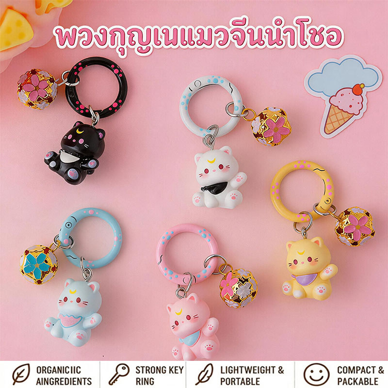 พวงกุญแจแมวนำโชคมีกระดิ่ง หวานใสสไตล์การ์ตูน เครื่องประดับกระเป๋าเก๋ๆ ของขวัญเล็กๆ น้อยๆ ให้เพื่อน