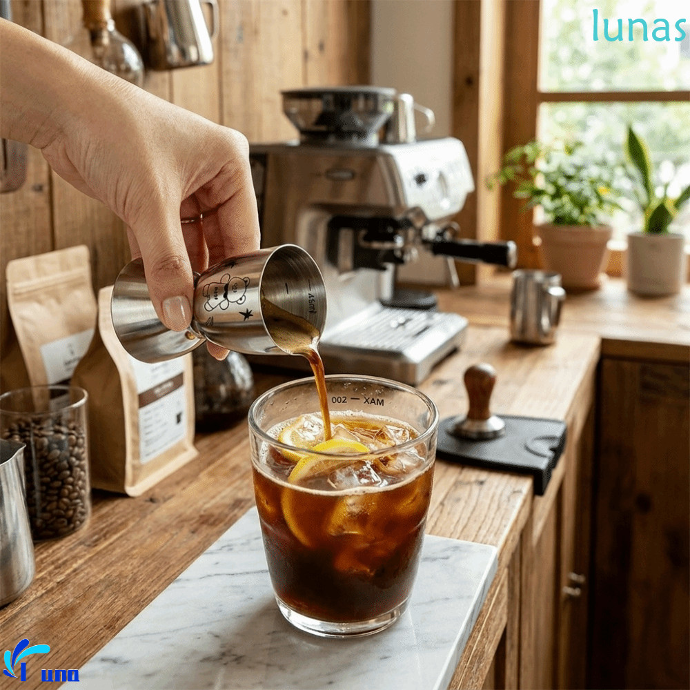 LUNASOL Dual Heads Jigger สองด้านพร้อมสเกลสแตนเลส Jigger อุปกรณ์ครัวรูปแบบการ์ตูนที่ถูกต้อง 30/60ML 