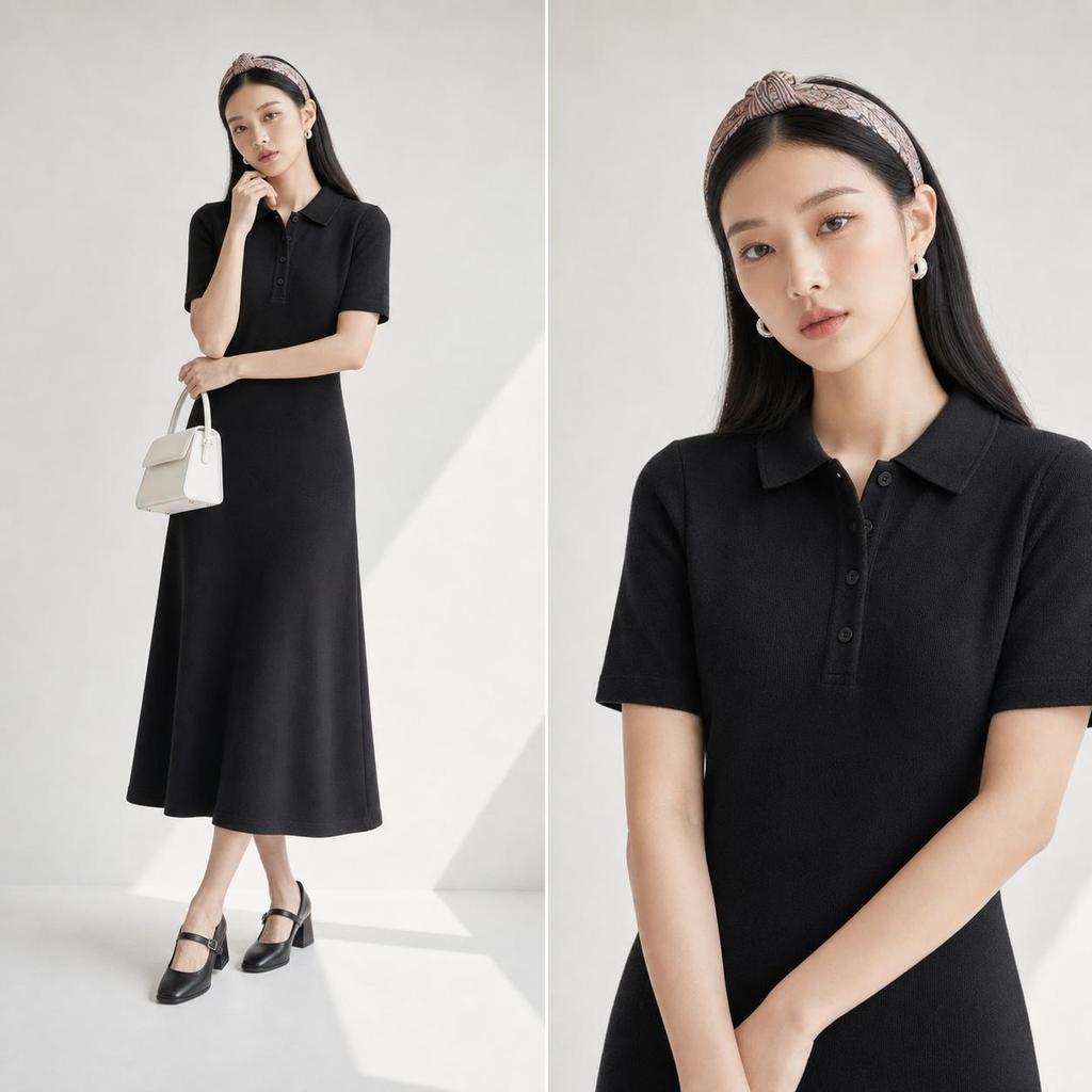 ชุดเดรสดำ Lorra เชิ้ต Polo คอปก สไตล์สปอร์ต เรียบหรู ใส่สบาย ทรงตรง ผ้าดูยืดหยุ่น นุ่ม สาวอวบ ใส่ได้ ใส่งานพิธีการได้