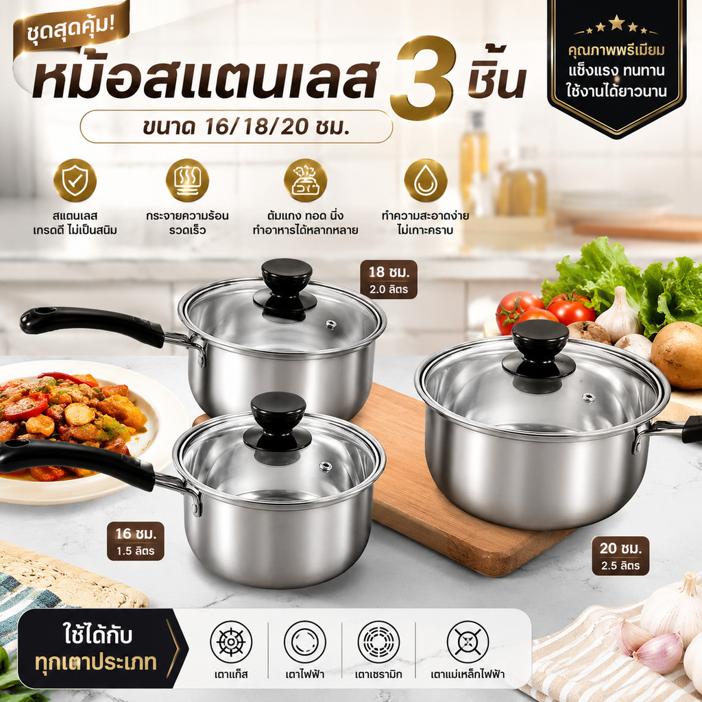ชุดหม้อ 3 ใบ ชุดหม้อสแตนเลส ทรงสูง 16/18/20 ซม. หม้อสแตนเลส ใช้กับทุกเตา หม้อต้มโจ๊ก มีด้ามจับ ใบใหญ่ พร้อมฝาแก้ว